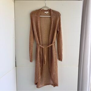 Meshki Metallic Knit Open-Front Belt Tie Cardigan